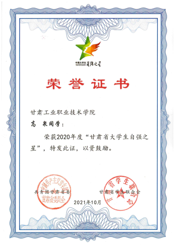 甘肃工业职业技术学院学子荣获2020年度“中国大学生自强之星”“甘肃省大学生自强之星”称号(图3)