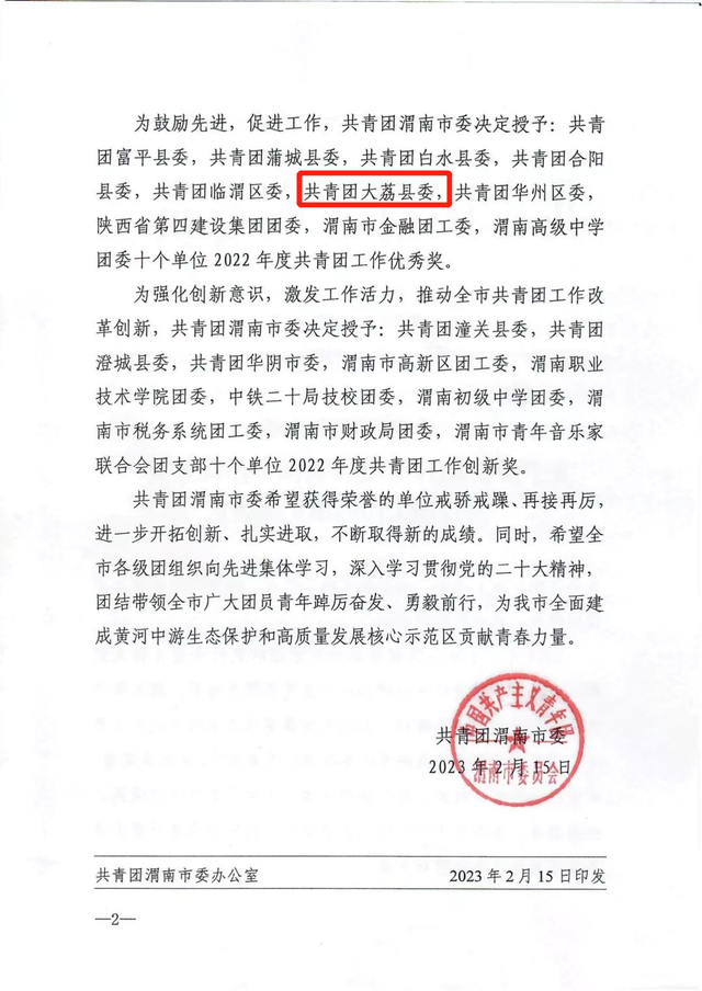 喜报来啦——大荔团县委获得“2022年度共青团工作优秀奖”荣誉称号(图3)
