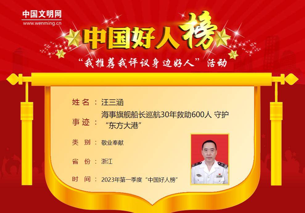 宁波海事局“海巡22”轮船长汪三涵荣获“中国好人”称号(图1)
