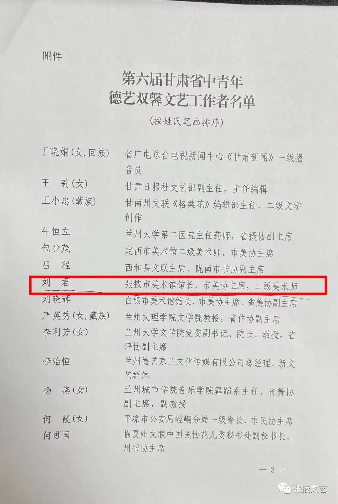 喜报！张掖市1名同志获得第六届“甘肃省中青年德艺双馨文艺工作者”荣誉称号(图1)