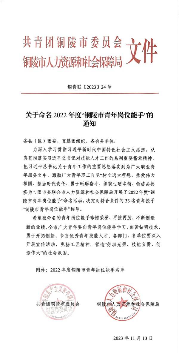 我院程宇荣获“铜陵市青年岗位能手”称号